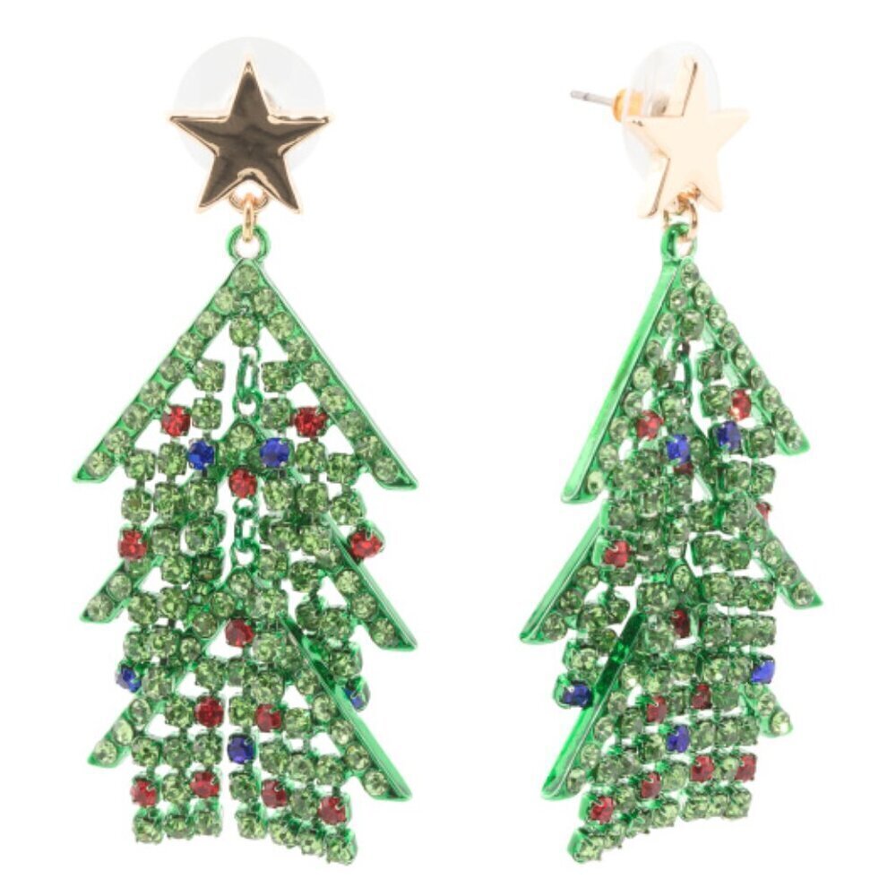 NWT BETSEY JOHNSON Green Crystal Christmas Tree Drop Earrings Festive Holiday